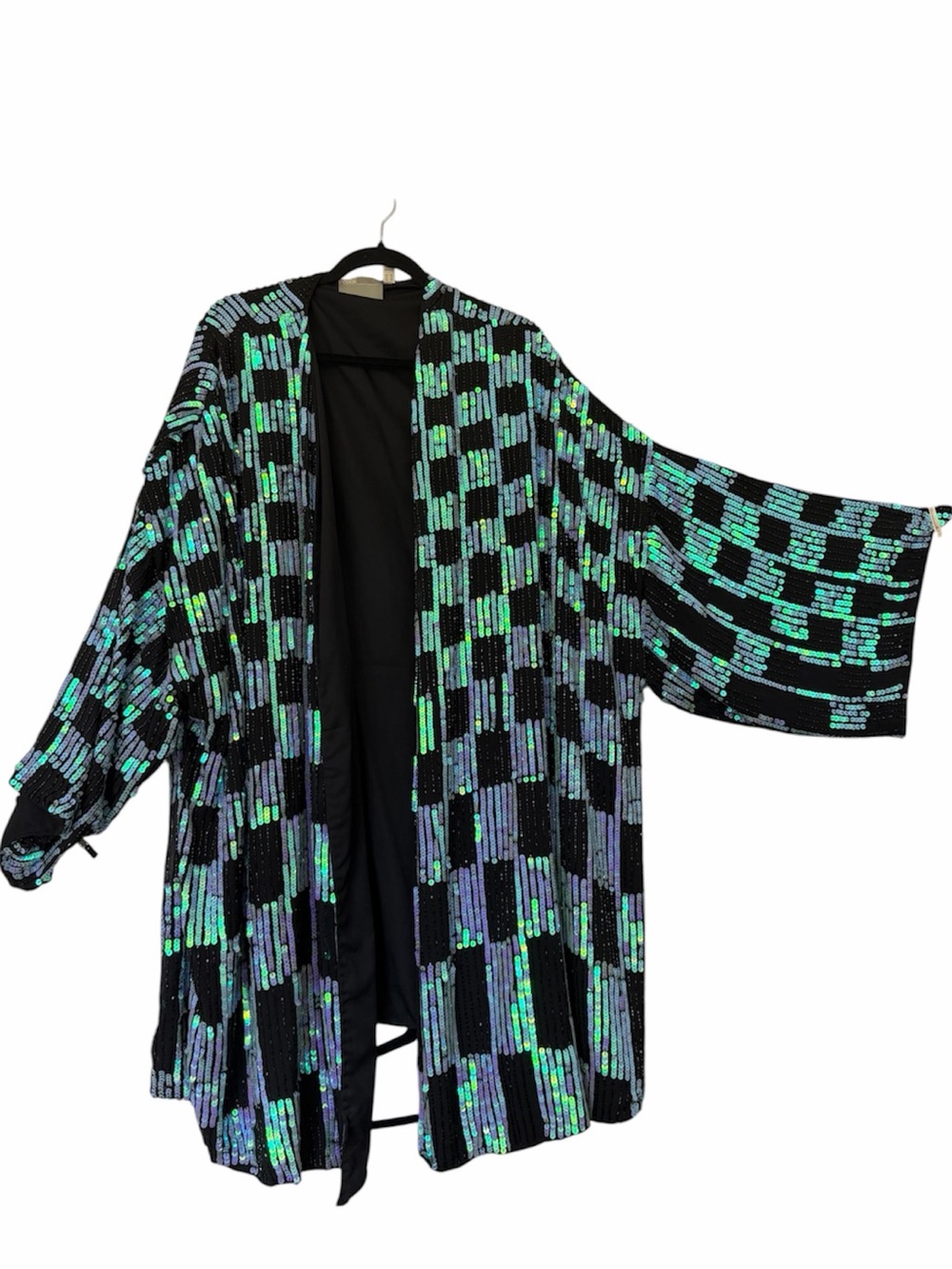 Sequin Checkered Open Kimono with Iridescent Green & Blue | Festival |